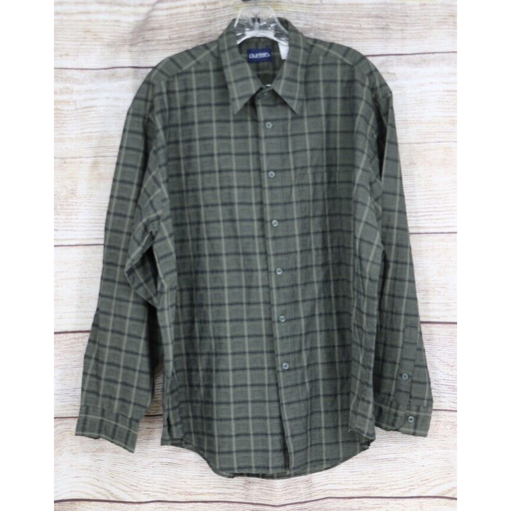 Puritan Mens Size Large Button Up Down Long Sleeve Check Shirt Olive Green